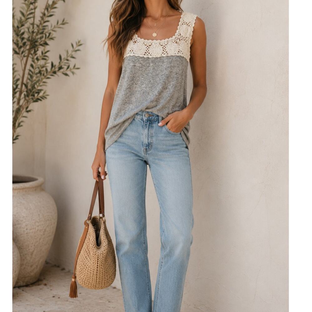 True Grit Crochet Lace Trim Gray Sleeveless Knit Tank Top Boho Medium NEW